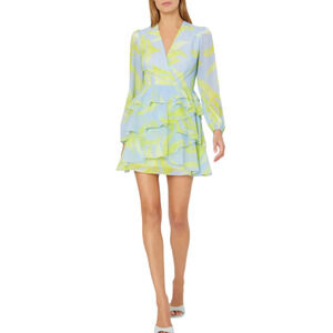 Milly Loren Floral Skies Mini Dress Silk Cocktail Dress Yellow & Gray Size 6